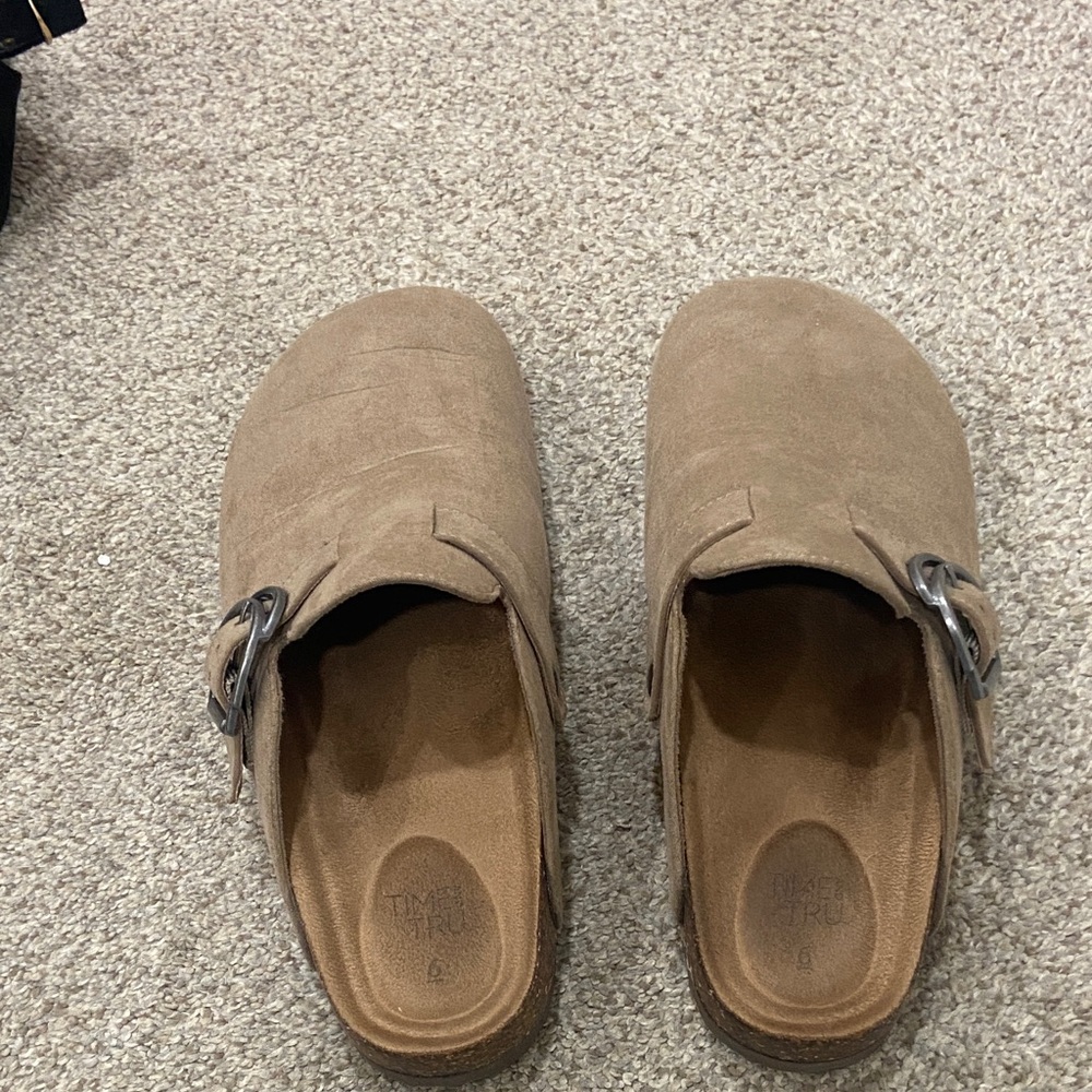 Time and Tru Tan Mules with Silver Buckle